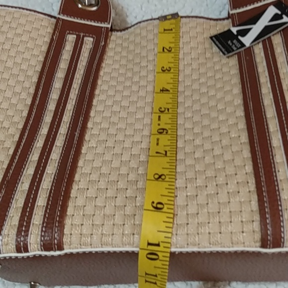 Maxx New York Woven Shoulder Bag with Matching Wristlet | Tan & Brown Vinyl Trim - Picture 13 of 15
